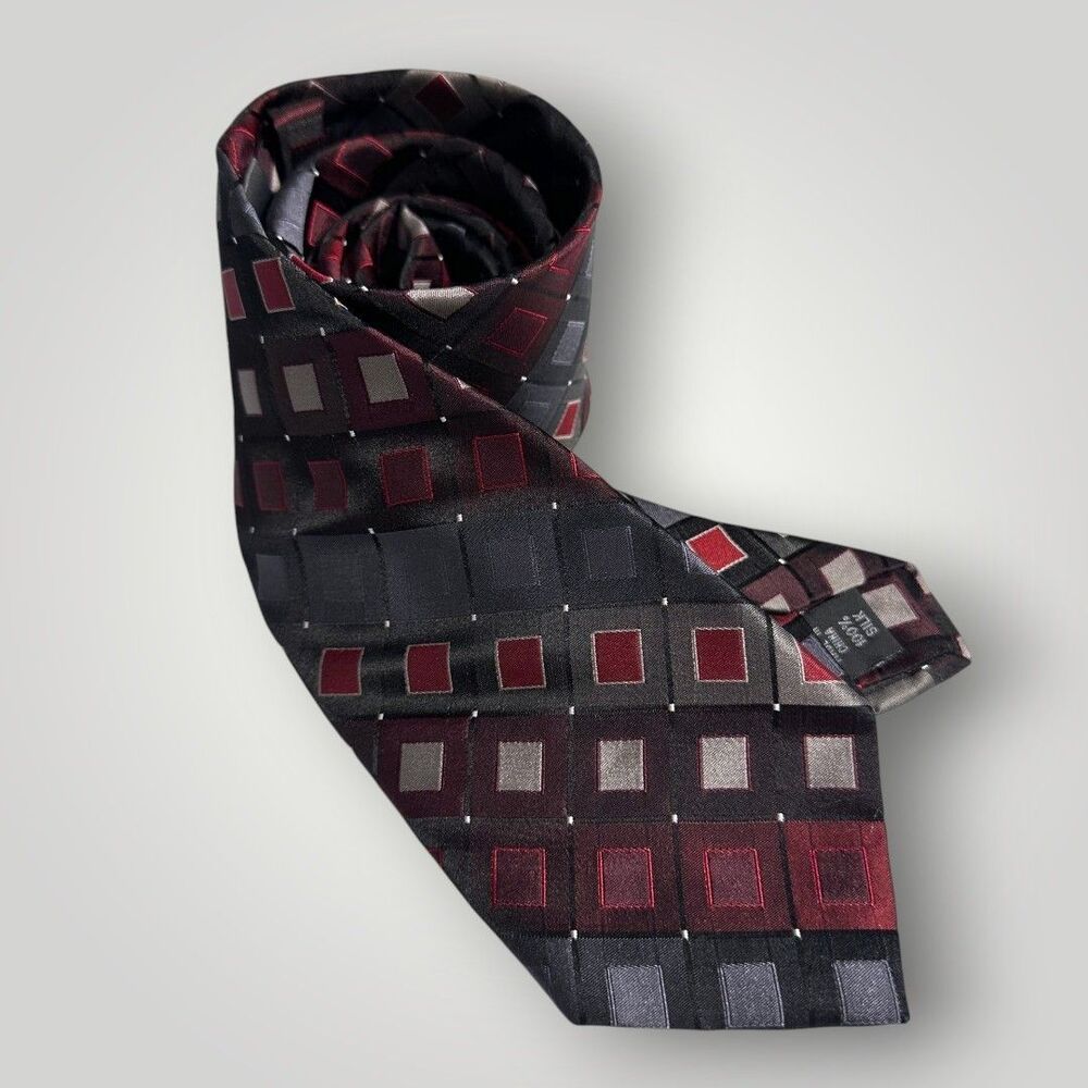 CALVIN KLEIN Silk Tie 100% Silk Necktie Red/Black/Gray Geometric Plaid